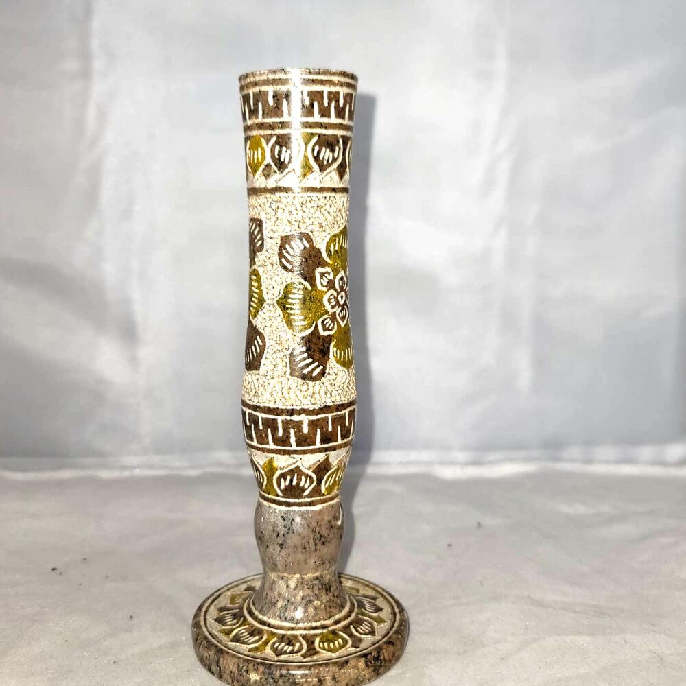 Vintage Candlestick Holder Marble Mexican Etched Floral geometric Neutral 7"
